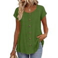 thumbnail image 2 of Women's Cotton Linen Top, Short Sleeve Round Neck Button Down Long Length Cardigan, Cute & Casual Summer Shirt for Layering, Beach Cover Up, and Vacation Wear-Blackish Green, 2 of 7