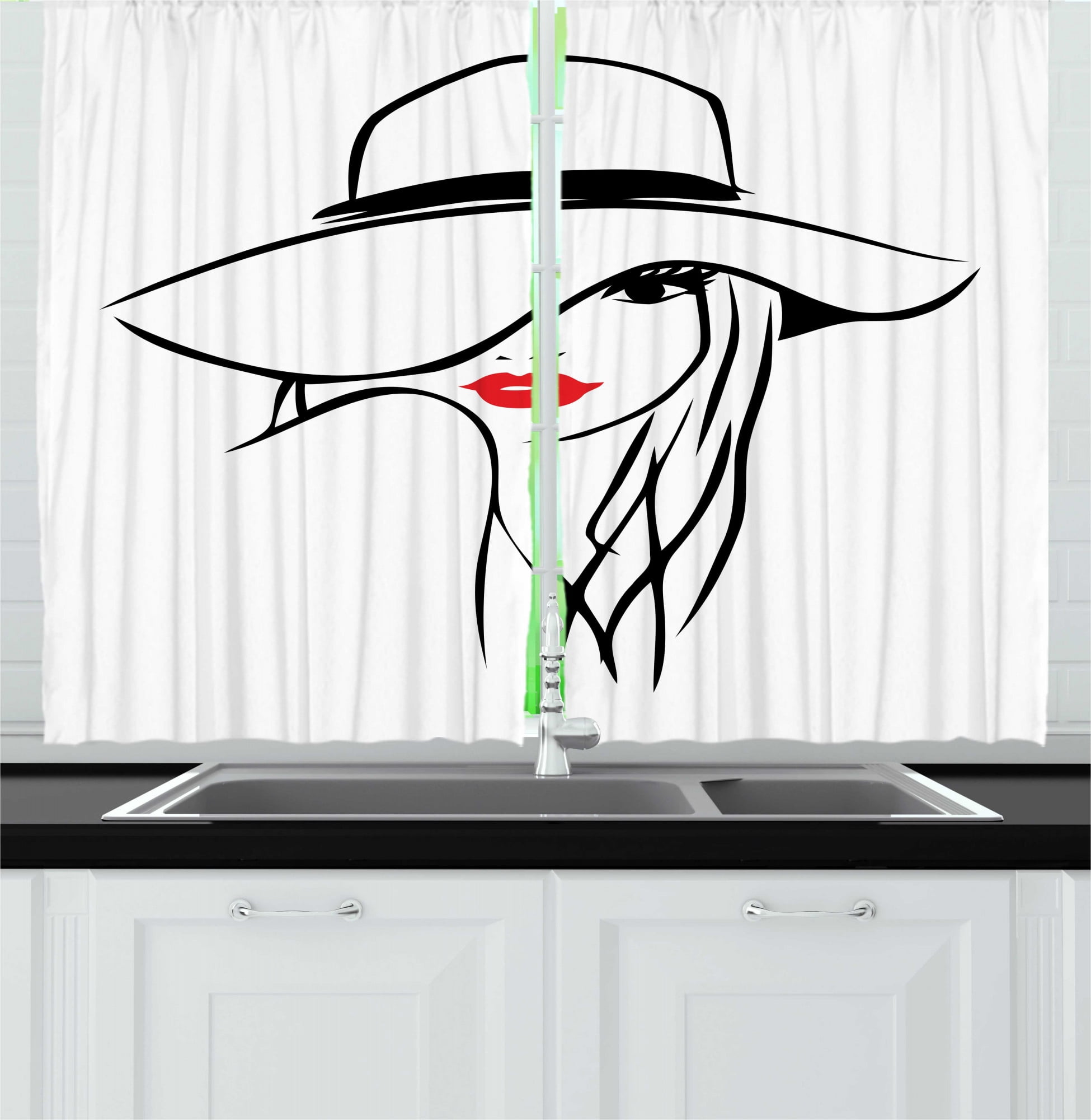 Lips Kitchen Curtains, Minimalist HDrawn Long Hair Girl Wearing a Big