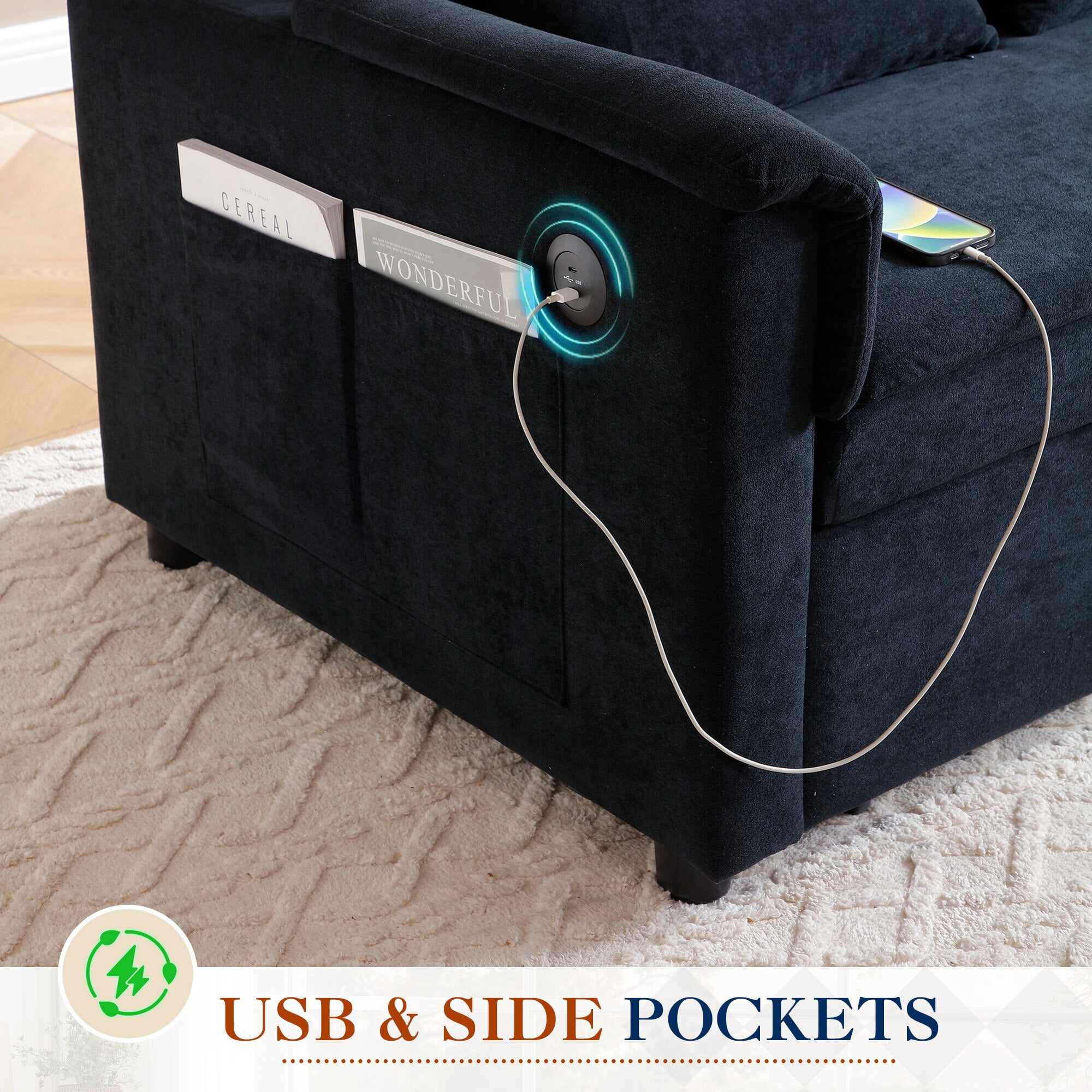 Lunale Convertible Sofa Bed with USB, 55" Loveseat Sleeper for Living Room, Apt, Black Velvet