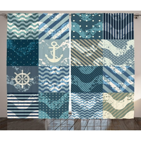 Nautical Decor Curtains 2 Panels Set Marine Wave Patterns In