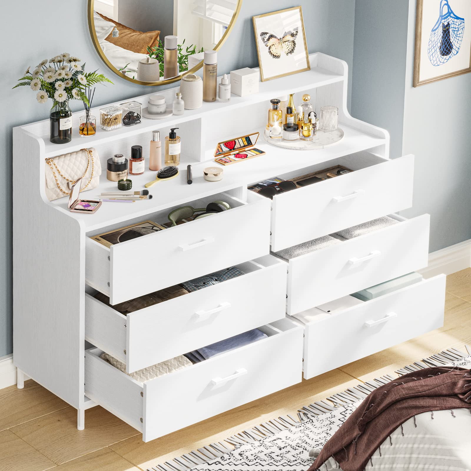 6 Drawers Double Dresser with Shelves for Bedroom, Modern Chest of Drawers Storage Tower Organizer for Living Room Entryway, White