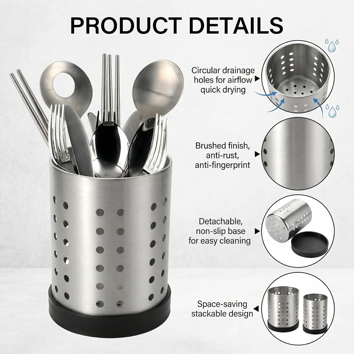Set of 4 Kitchen Utensil Holder, Stainless Steel Cooking Utensil Organizer Flatware Silverware Holder Drying Rack Cylinder Kitchen Countertop Caddy for Chopstick, Spoon, Fork, Cultery, Straw