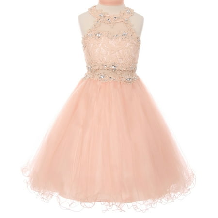 Sparkle Bridesmaid Dress - Little Girls Sparkle Rhinestones Halter Lace Junior Bridesmaid Pageant Flower Girl Dress Blush 4 (C50C40C)