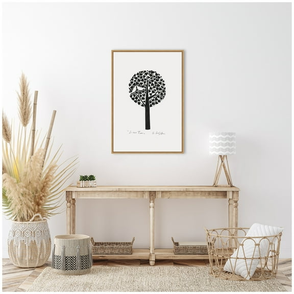 Kate and Laurel Black and White Love Tree Linocut Framed Canvas Wall Art by Guilana Lazzerini 23 x 33 Sylvie Natural, Black & White, Abstract, Nature Art for Wall Decor, Living Room Bedroom