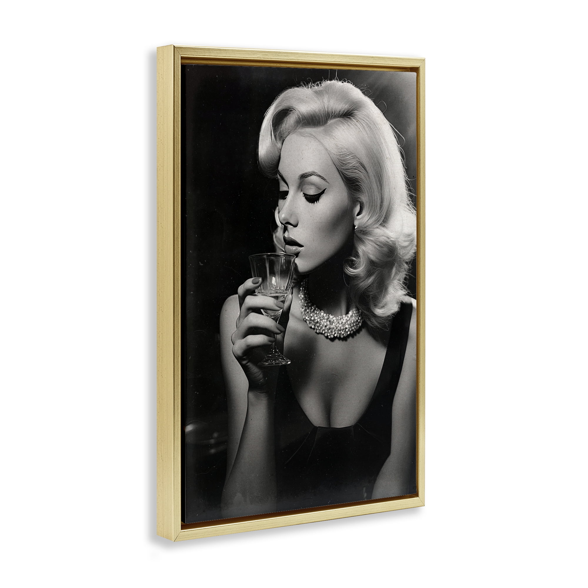 Classic Woman & Martini Gold Framed Floater Canvas Wall Art, design by Decent Exposures
