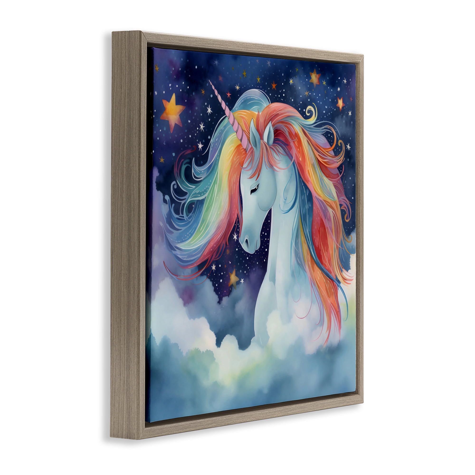 Stupell Industries Rainbow Mane Unicorn in Clouds Brown Framed Floater Canvas Wall Art, design by Creative Studio