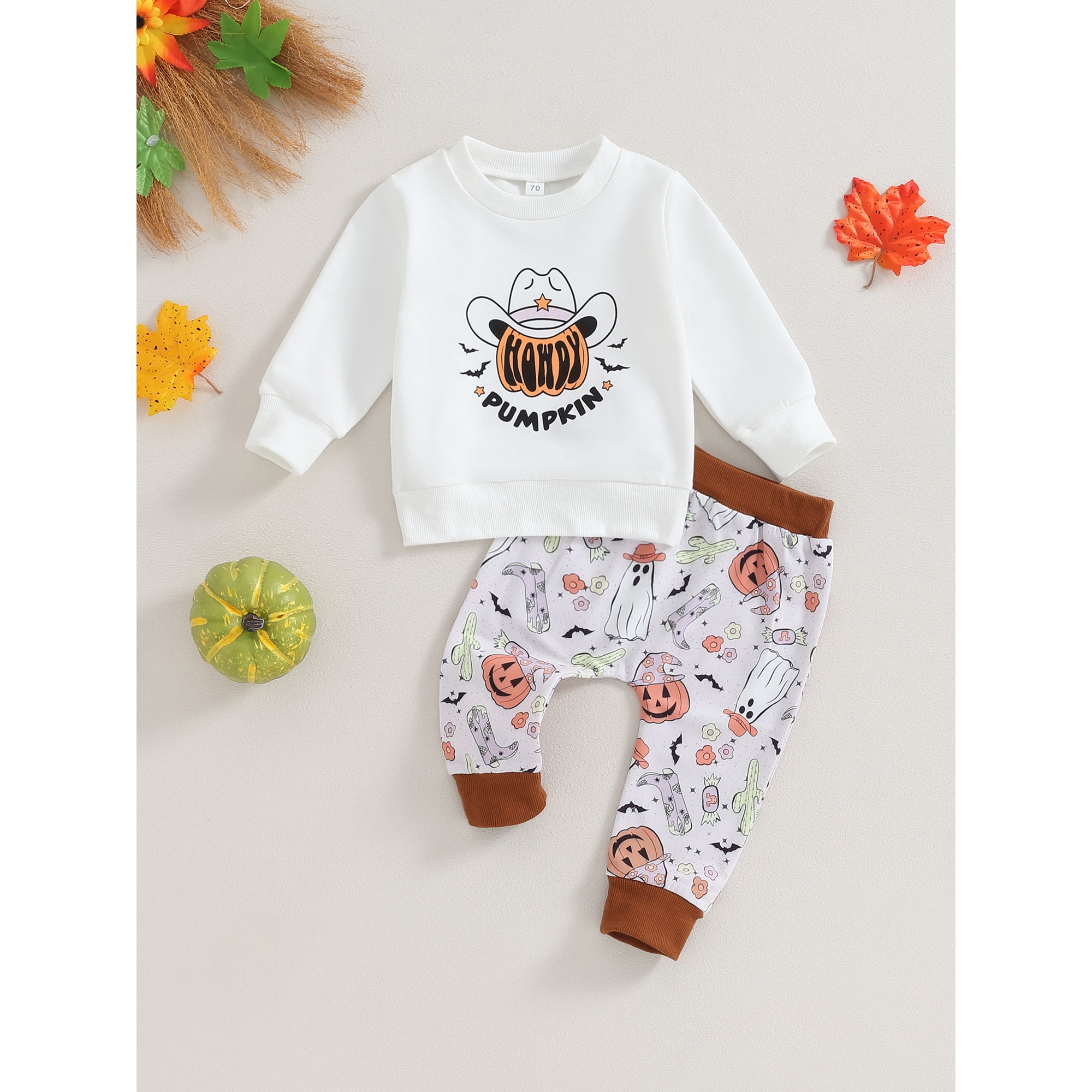 Boiiwant Vetements Bebe Garcons 3 6 9 12 18 24 Mois Bebe Garcons 2Pcs Halloween Tenues Ensemble Manches Longues Col Rond Lettres Imprime Sweat Shirt Citrouille Fantome Pantalons de Survetement 0 24M W...