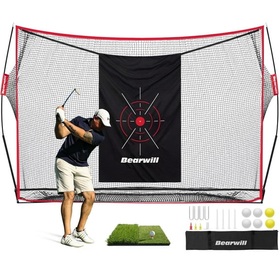 Bearwill Golf Net, 10x7ft Heavy Duty Golf Practice Nets with Mat, Target Cloth, 8 Tees, 6 Balls, Carry Bag for Backyard Driving Chipping Indoor Outdoor Training