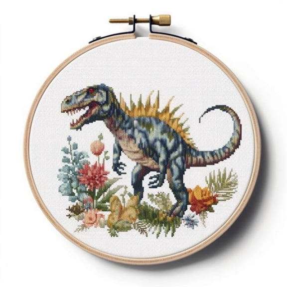 Counted Easy Cross Stitch Kits Dinosaur Color Stamped Embroidery for Starter Kits DIY 11CT Stamped Patterns Embroidery Needlework Kit Supplies 12 Inch Hoop Included(12-X)