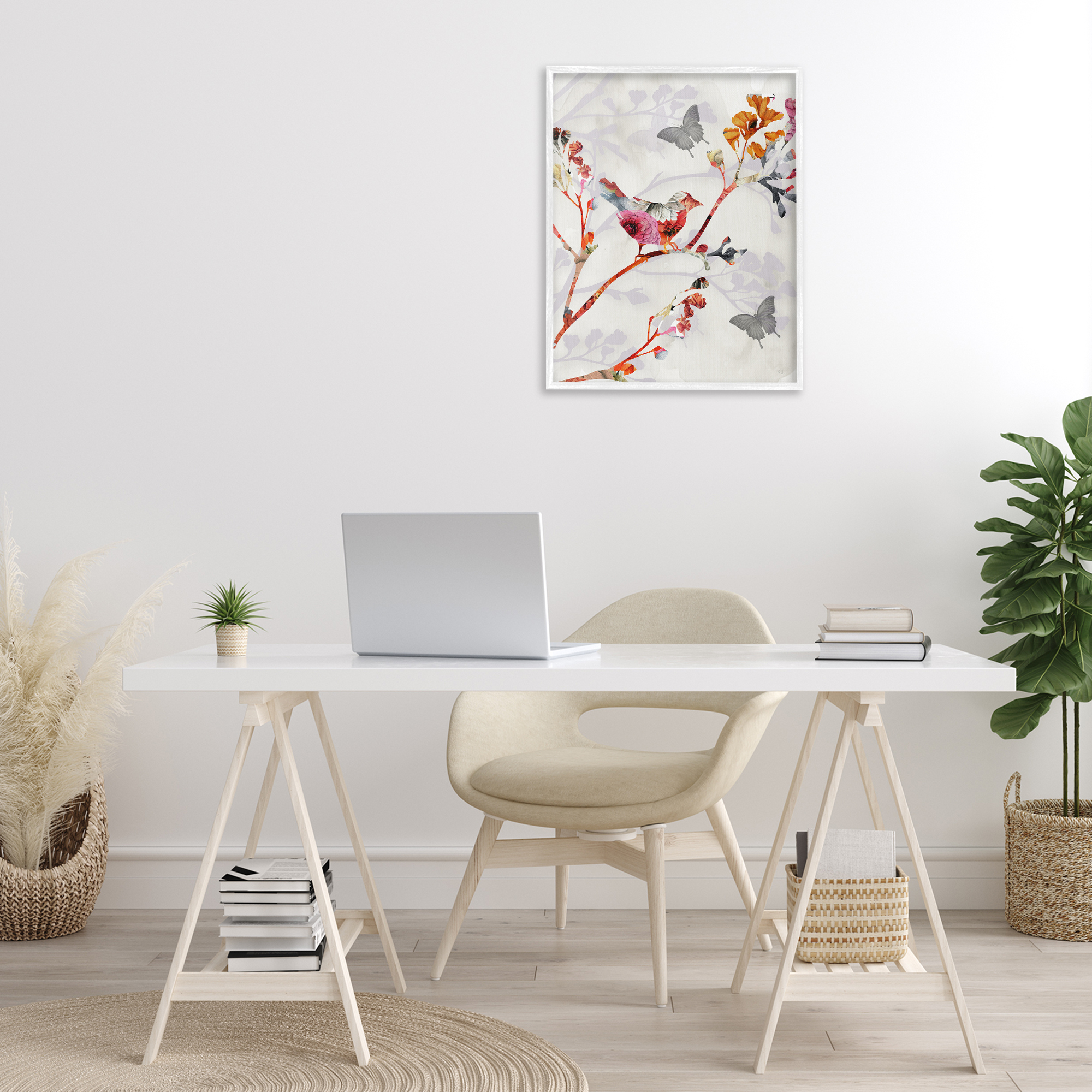 Stupell Industries Birds & Butterflies Nature Landscape Painting White Framed Art Print Wall Art, 24 x 30