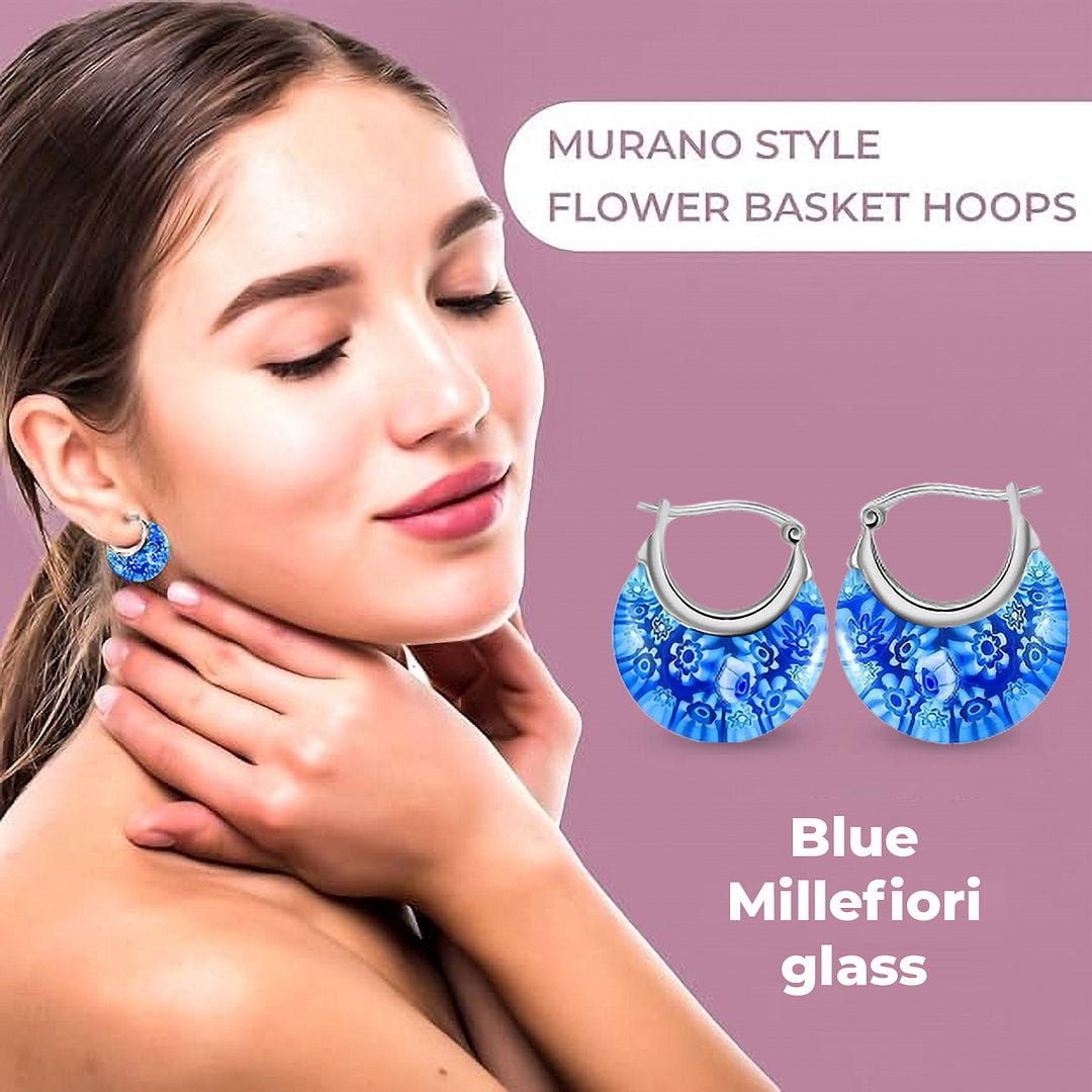 Blue Murano Style Millefiori Glass Hoop Earrings for Women Daisy Flower Stainless Steel Jewelry Ct. 30 Birthday Christmas Gifts