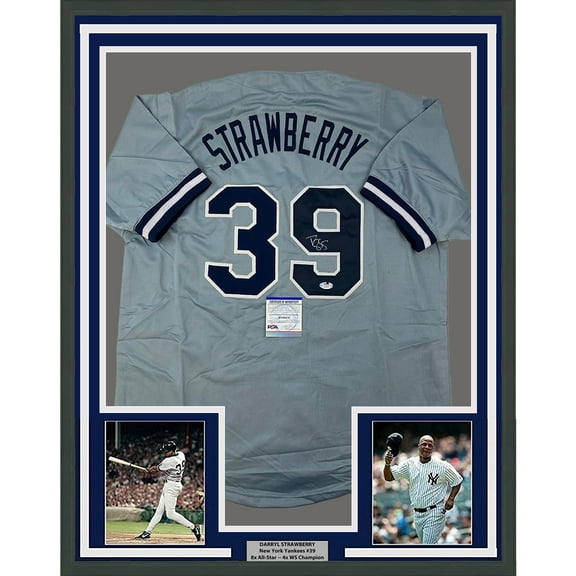 Framed Autographed/Signed Darryl Strawberry 35x39 New York Grey Baseball Jersey PSA/DNA COA