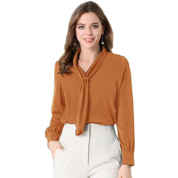 Blusa Elegante De Oficina De Trabajo Para Mujer, Camisa Plisada Con Cuello De Lazo Y Manga Larga Marrón S
