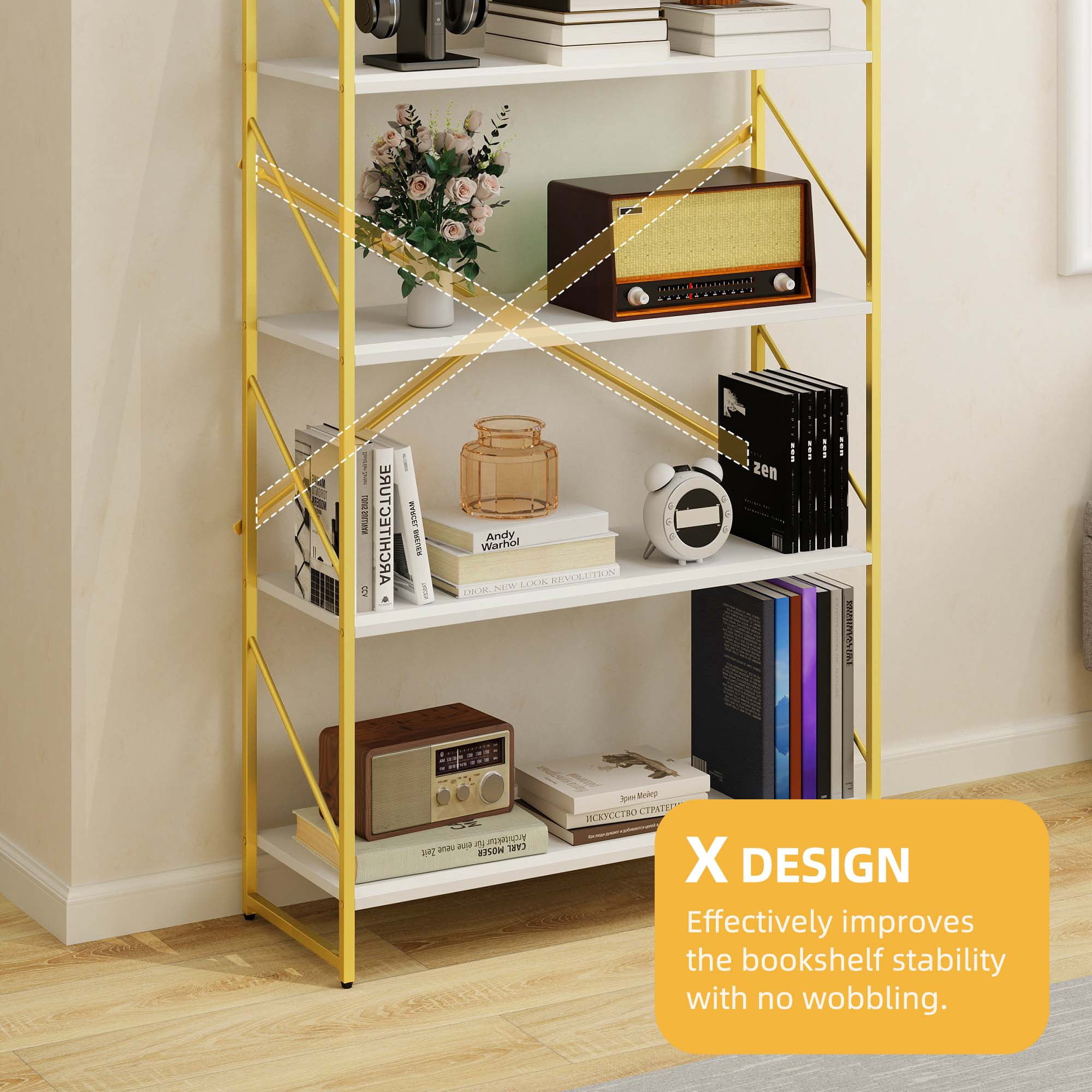Dextrus 5-Tier Bookshelf, Gold Bookcase, Industrial Freestanding Book Shelf Modern Open Display Storage Organizer Book Shelves for Bedroom, Living Room and Home Office, Gold and White
