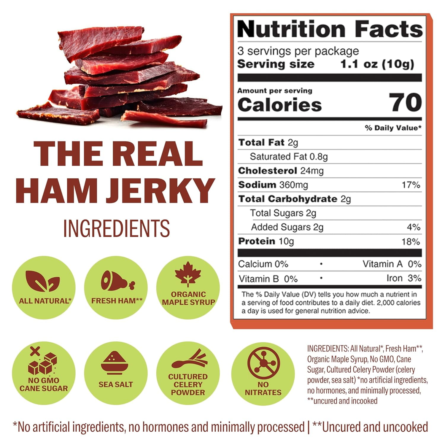 Bezerky Jerky All-Natural Premium Ham Jerky, Keto-Friendly, Made in the USA, Gluten-Free, Non-GMO, Low Carbs, High Protein Snacks, Old Fashioned Recipe, 3.3 Oz (Pack of 3)