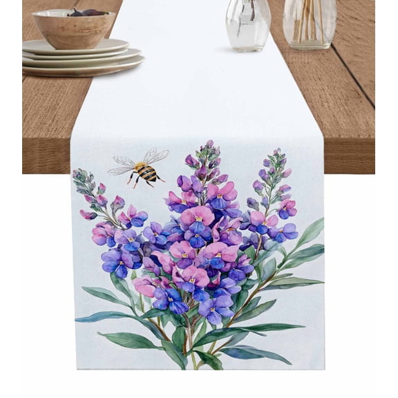 Spring Flowers Table Runner 72 Inches, Purple Botanical Floral Leaves Bee Rustic Bed Runner Dresser Scarves Tabletop for Indoor Outdoor Parties/Ceremony/Banquet, 13" x 72"
