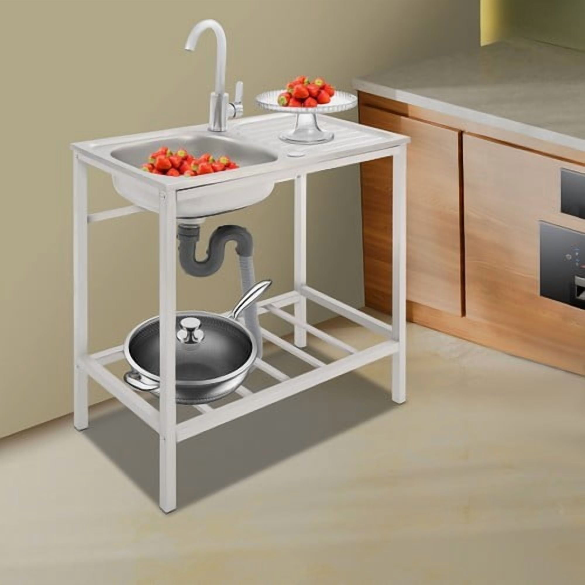 Commercial Kitchen Sink, Stainless Steel Free Standing Sink with Storage Shelf and Tap, Portable Outdoor Single Bowl Station Utility for Restaurants Laundry Garage Hotel