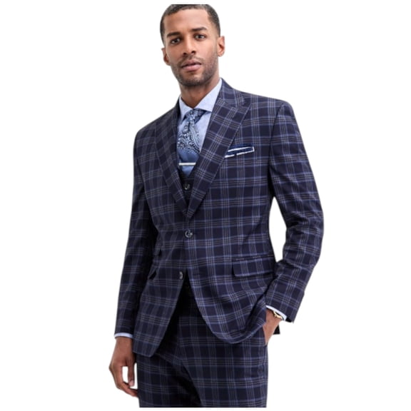 Tayion Mens Classic fit Suit Jacket Blazer 42 R Navy Multi Blue Plaid Stretch