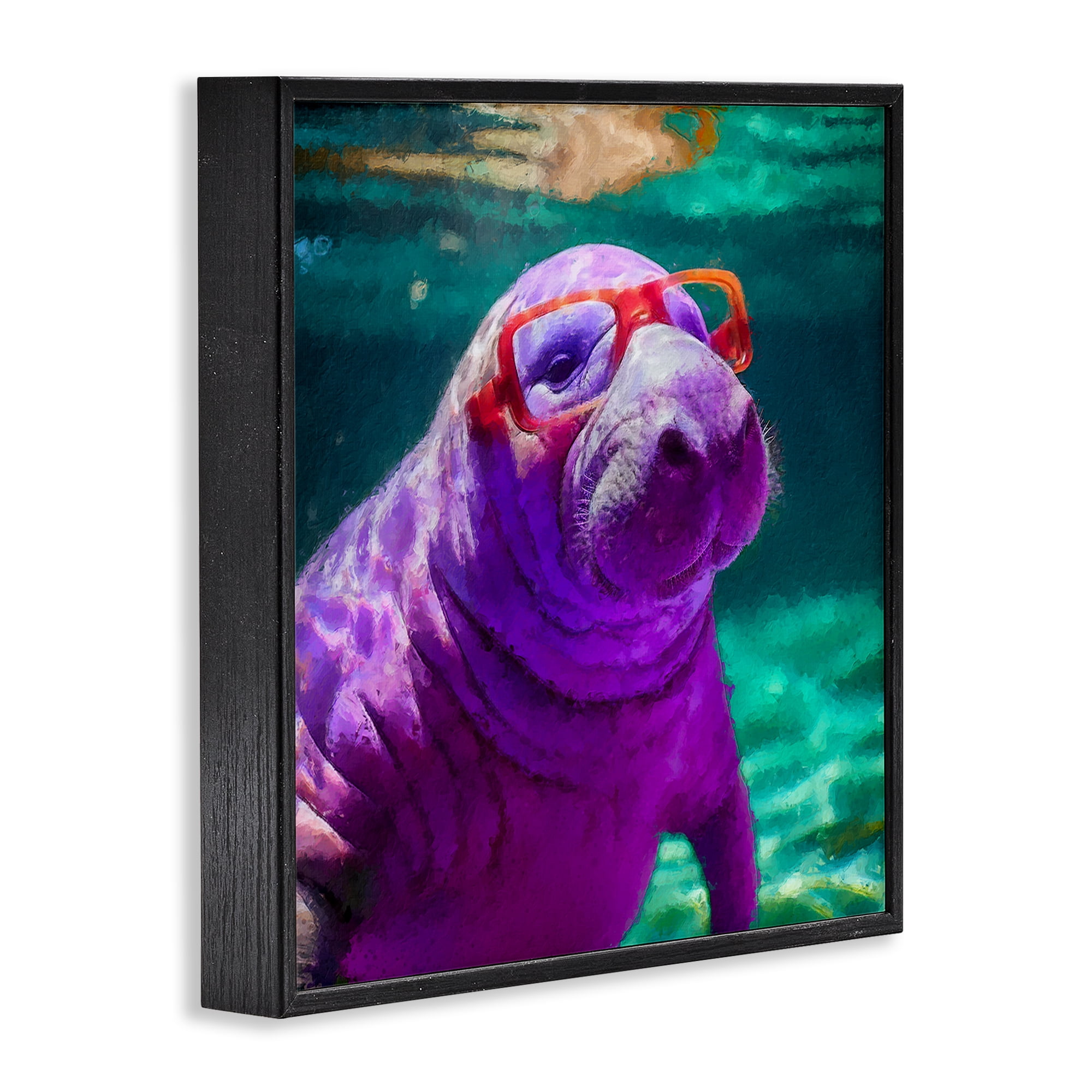 Stupell Industries Manatee with Glasses Animals & Insects Painting Black Framed Art Print Wall Art, 24 x 24