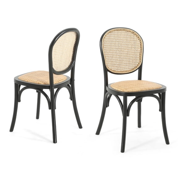 JERFIT 2-Pack Retro Dining Chairs Set, Rattan & Wood Kitchen Chairs with Foam Seat, No Assembly Required Black Side Chairs