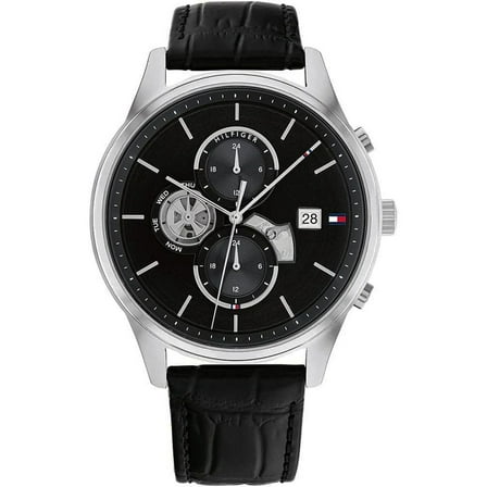 Tommy Hilfiger 1710502 Men's Black Multifunction Analog Watch Black Leather Band