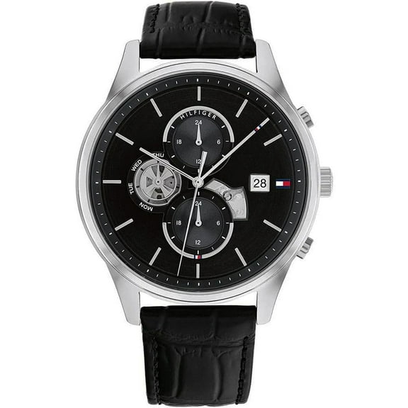 Tommy Hilfiger 1710502 Men's Black Multifunction Analog Watch Black Leather Band