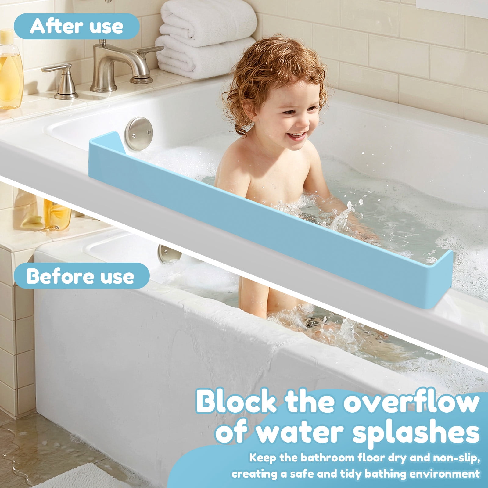 Ikoopy Splash Guard for Bathtub Kids Silicone Bathtub Sky Blue Splash Guard with Suction Cups Bath Tub Play Shelf for Kids and Toy Holder Avoid Water Spill in Bathroom Fun Bath Time for Toddler Baby