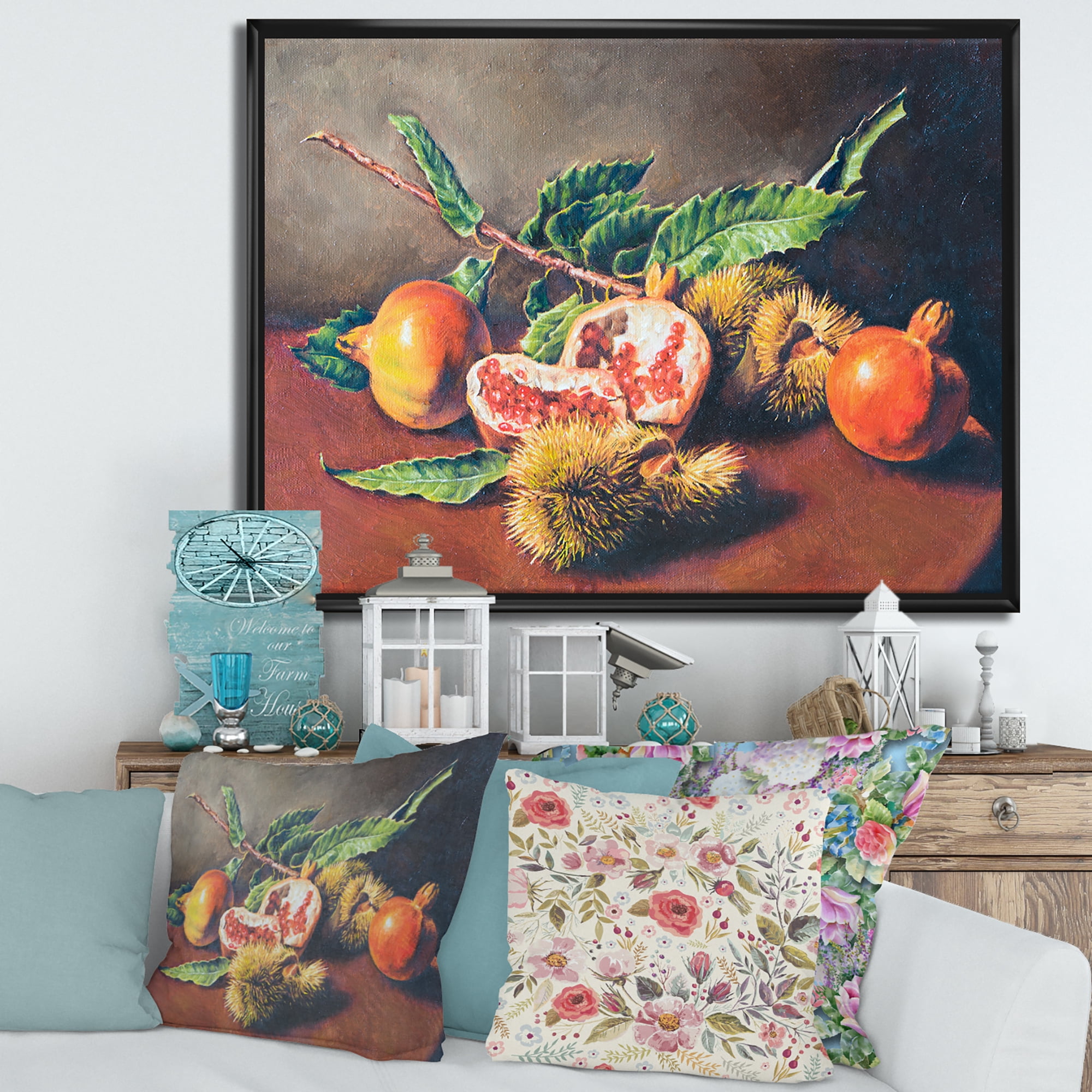 Ancient Still Life of Orange Fruits 32 in x 24 in Framed Painting Canvas Art Print, by Designart