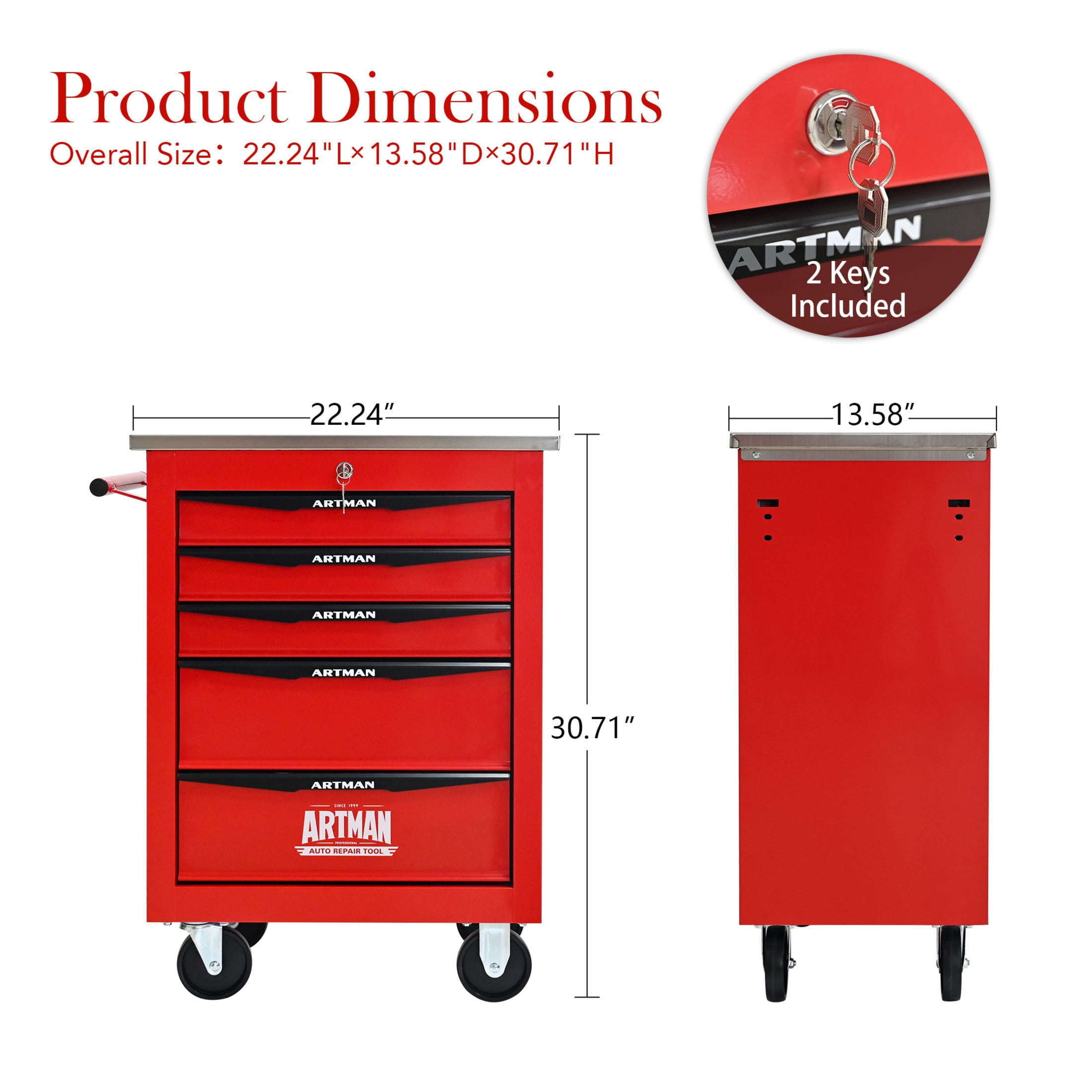 Noble House 5-Drawer Rolling Tool Organizer Cart, Steel Mobile Chest Storage with Worktop for Garage Workshop, Red