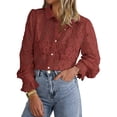 thumbnail image 1 of Blusa BTFBM de manga larga con encaje para mujer primavera 2025, marrón y rojo, 1 of 9