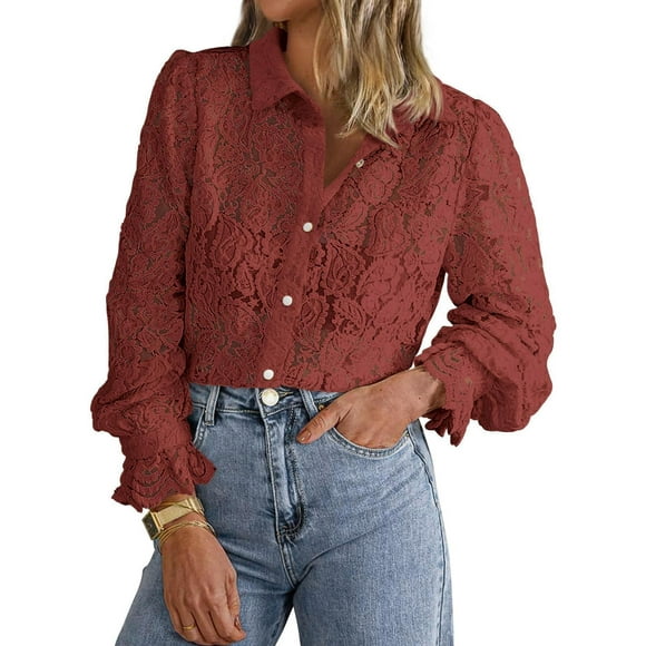 Blusa BTFBM de manga larga con encaje para mujer primavera 2025, marrón y rojo