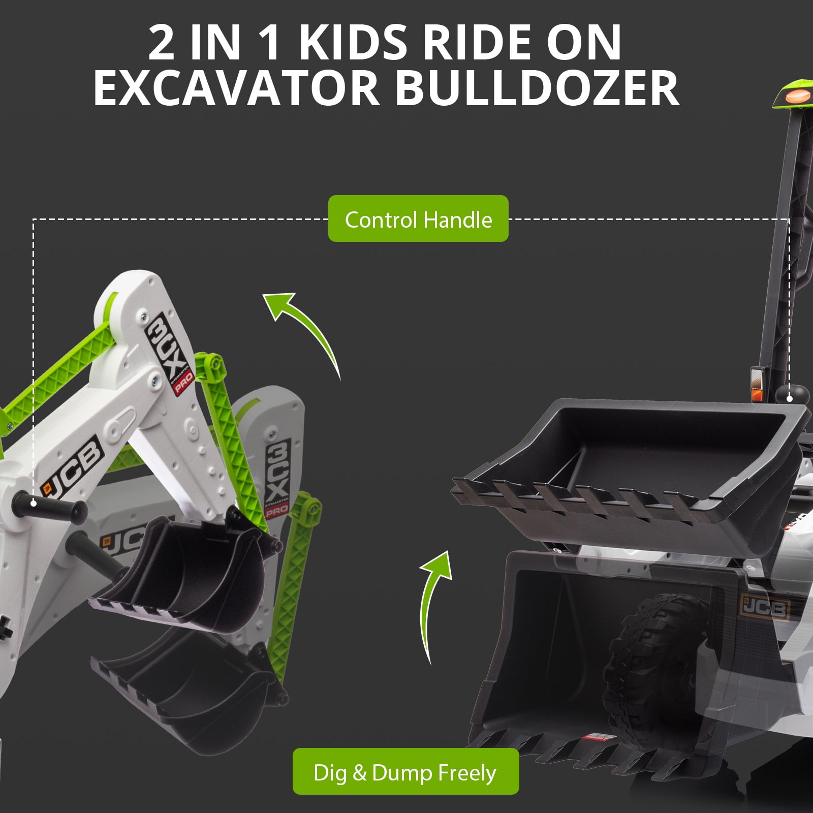 4-in-1 Transformable JCB Ride-on Excavator for Kids, 12v Remote Control Toy with Front Loader & Digger Functions,Kids Outdoor Toy Car, Engineering Truck