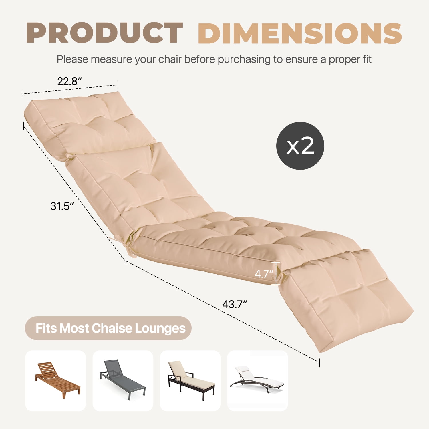 BaPiPro Set of 2 Upgraded 4-Segment Chaise Lounge Cushions, All-Weather Tie Fastened Pads with Plush PP Cotton, for Patio, Poolside & Balcony, Beige