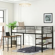 Twin Size Metal Loft Bed, Twin Size Bed with 1 Desk & 2 Shelves, Storage Shelf, Metal Frame with Full-Length Guardrails for Boys & Girls, Space-Saving Design, No Box Spring Needed,,Black