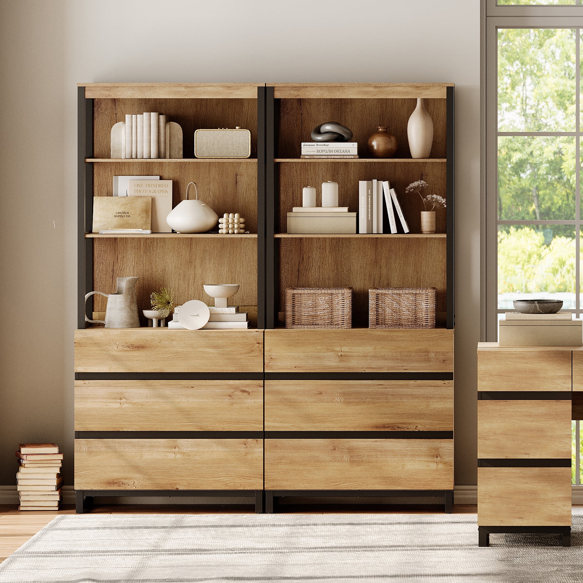 WAMPAT 2-Piece Modern 72" Tall Library Bookcases with 6 Drawers & Open Shelves, Wood Freestanding Bookshelves with Storage Cabinet & Metal Base for Home Office & Living Room, Oak