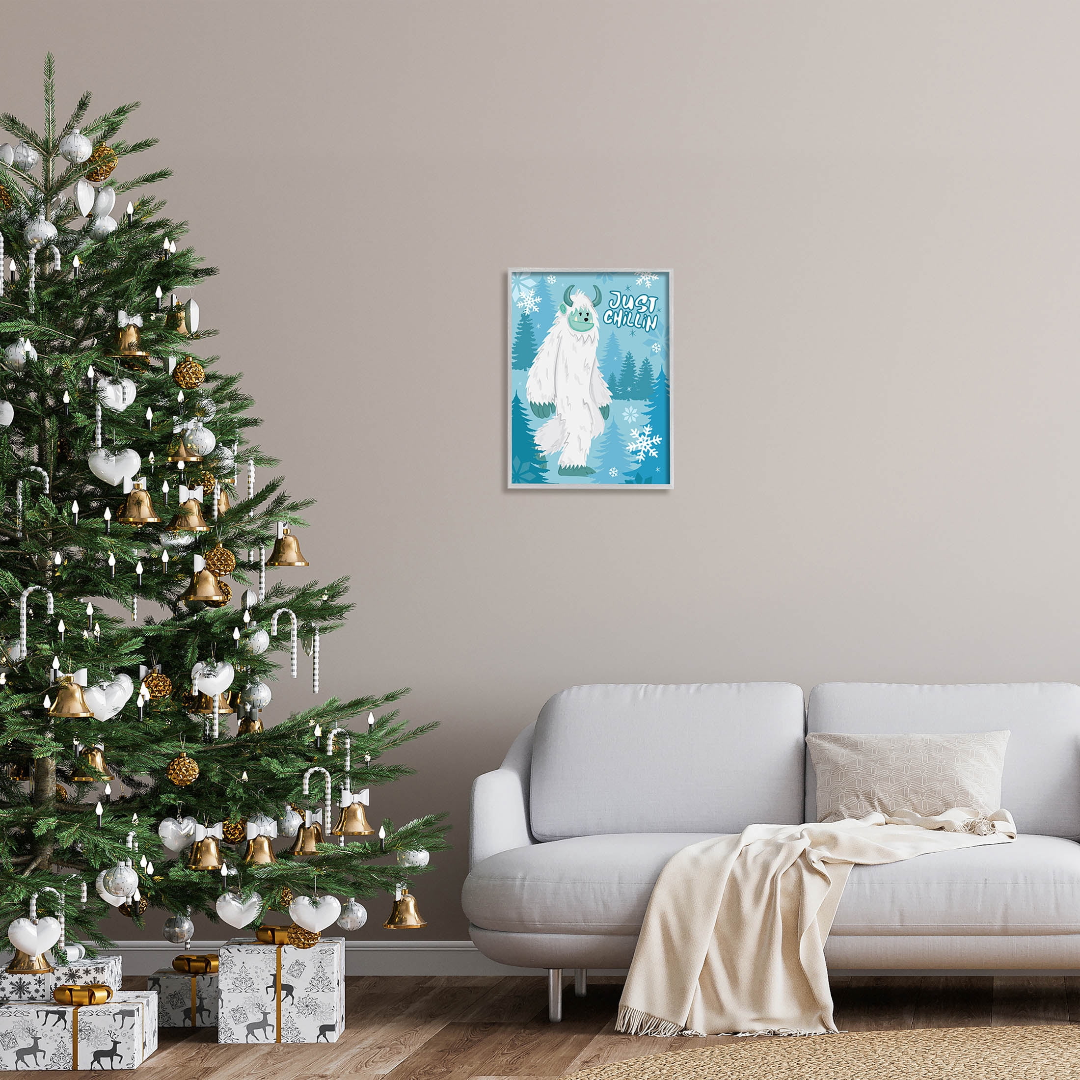 Just Chillin Funny Winter Yeti Holiday Graphic Art Gray Framed Art Print Wall Art
