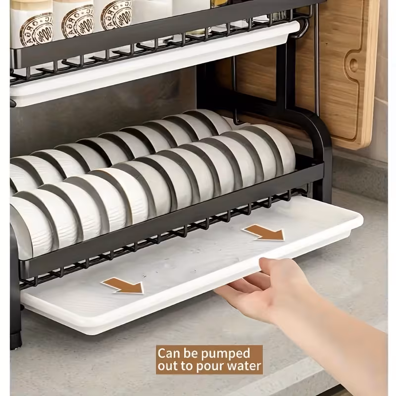 thumbnail image 4 of Two/Three-Tier Carbon Steel Dish Rack with Drainboard, Utensil Holder, and Cup Hooks, 4 of 5