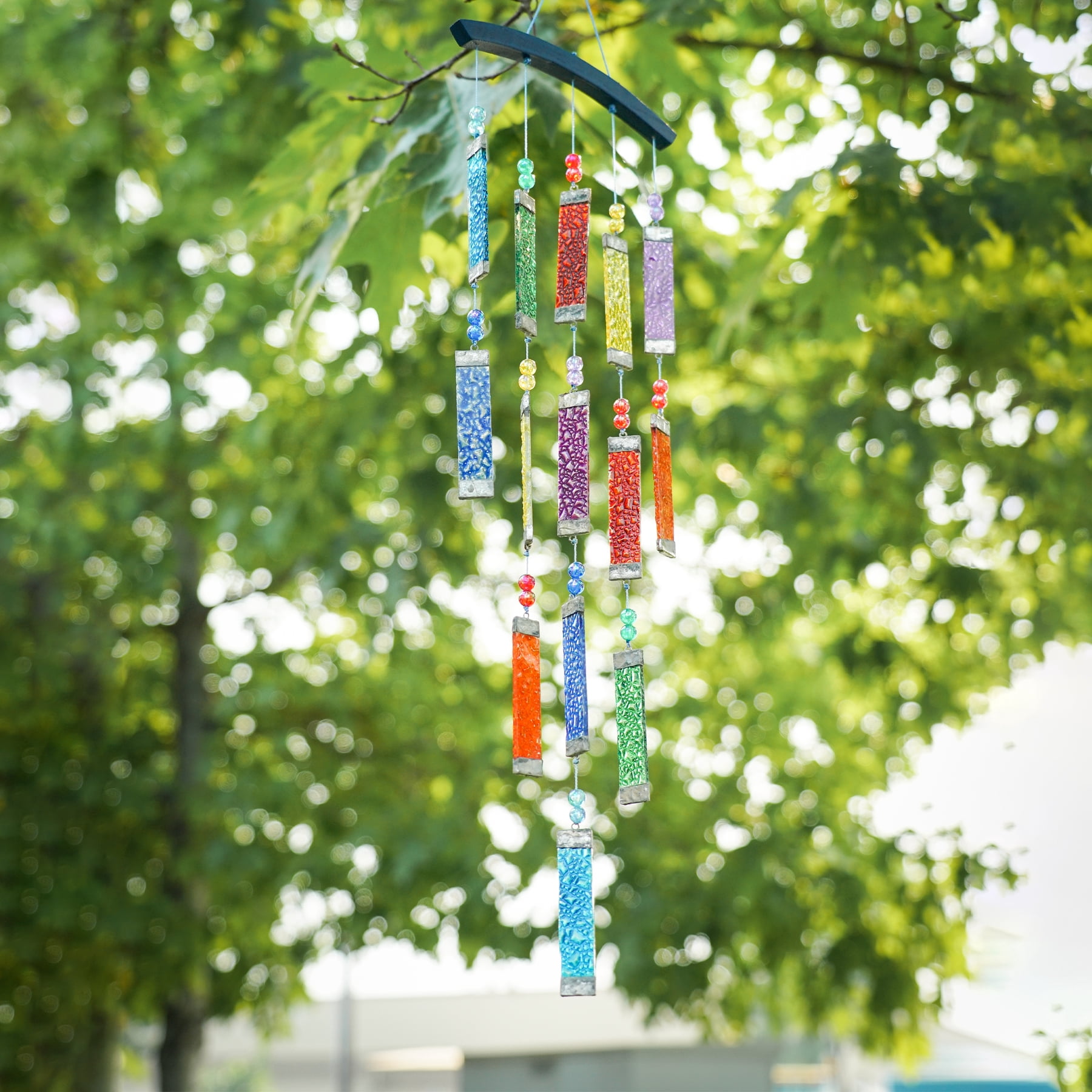 In the Breeze 7026 — Rainbow Textured Tiered Glass Mobile Wind Chime — Colorful and Melodic Suncatcher