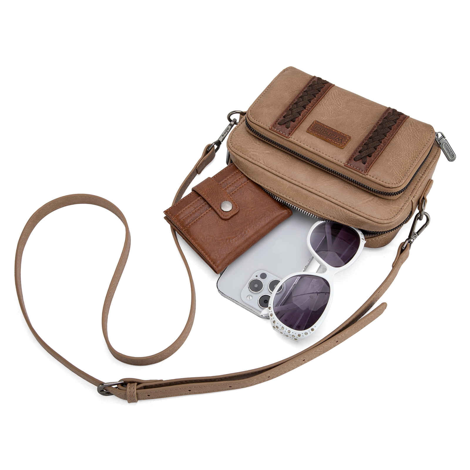 Wrangler Crossbody Bag for Women Vegan Leather Western Shoulder Purse Small Multi Pocket Crossbody Wallet Purse Crossover Bags with Adjustable Strap, Khaki