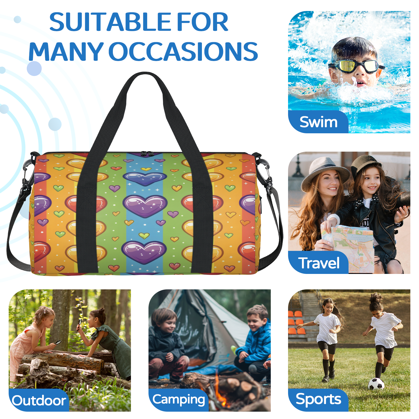 Herdesigns Love Heart Gym Bag for Women, Duffle Bag for Travel Sport, Rainbow Striped Lightweight Waterproof Carry on Weekender Dance Yoga Workout Bags