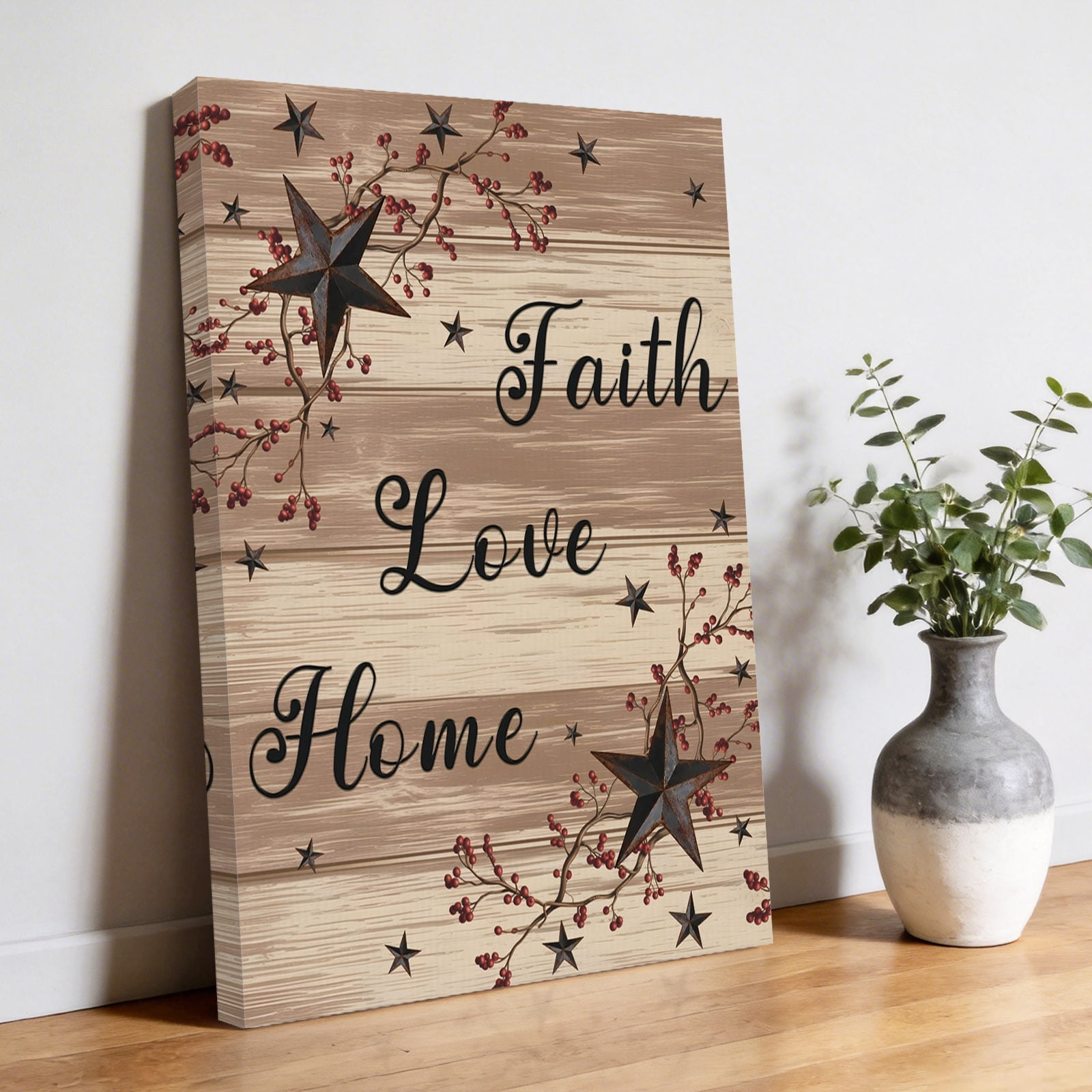 Retro Country Stars Canvas Wall Art for Living Room, Faith Love Home Berries Farmhouse Brown Striped Poster Print Painting for Bedroom Office Home Decoration Wall Pictures Prepare To Hang 12"x12"