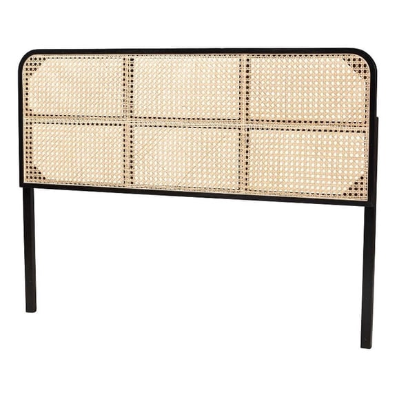 bali & pari Lainer Black Bayur Wood and Natural Rattan Queen Size Headboard