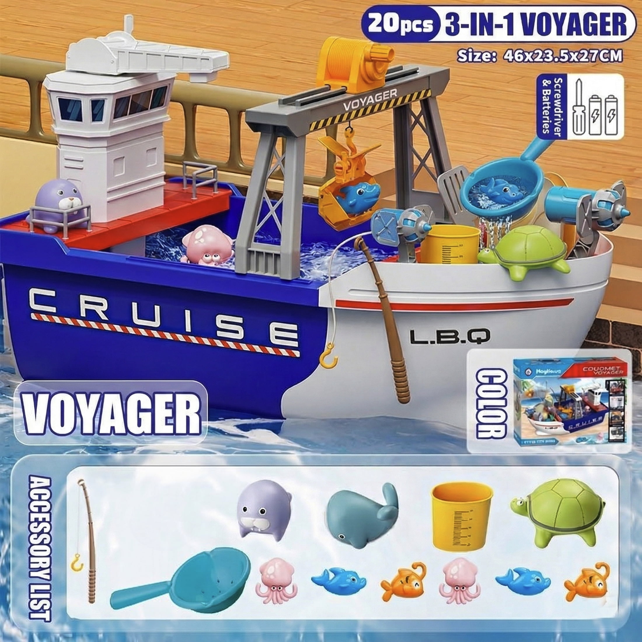 3-in-1 Water Cruise Ship Fishing Toy Set with Crane Rods Marine Animals