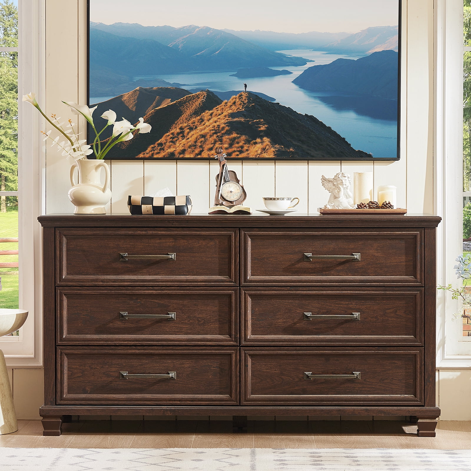 LELELINKY Farmhouse 6 Drawer Dresser, 54" Long Dressers for Bedroom, Chest of Drawers Closet Organizers and Storage Clothes for Living Room, Hallway, Walnut