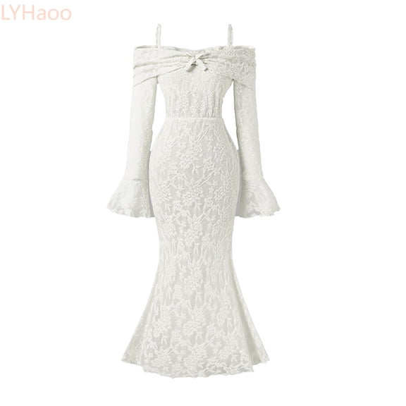 LYHaoo Kids Elegant Off Shoulder Midi Dress For Girls With Flared Sleeves And Lace Detail For Spring Fall Outfitsï¼Girls Floral Dresses Sizes 7-8 Years White