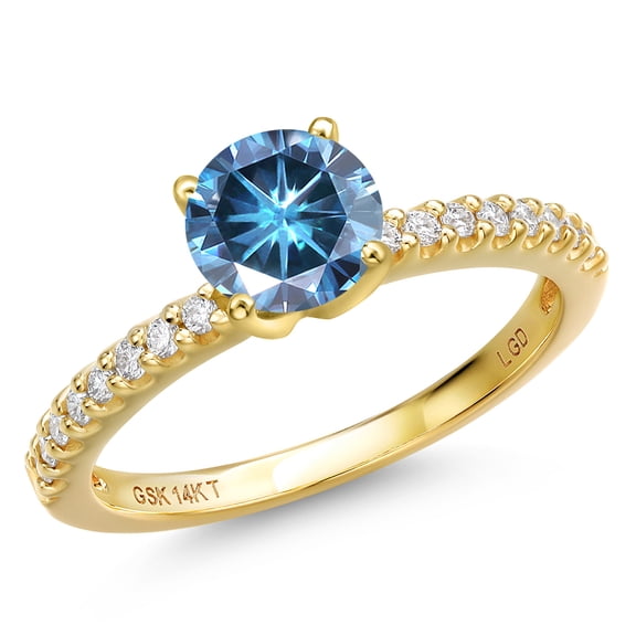Gem Stone King 14K Yellow Gold Persian Blue Moissanite and Lab Grown Diamond Engagement Ring for Women | 1.16 Cttw | Round 6.5MM | Gemstone Birthstone | Size 6