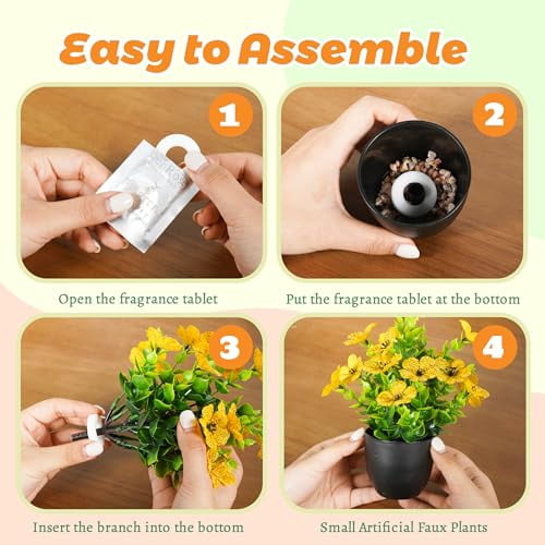 4 Pack Artificial Small Fake Plants Spring Flowers, Faux Indoor Plants for Home Office Desk Decor, Bathroom Accessories, Room Decorations