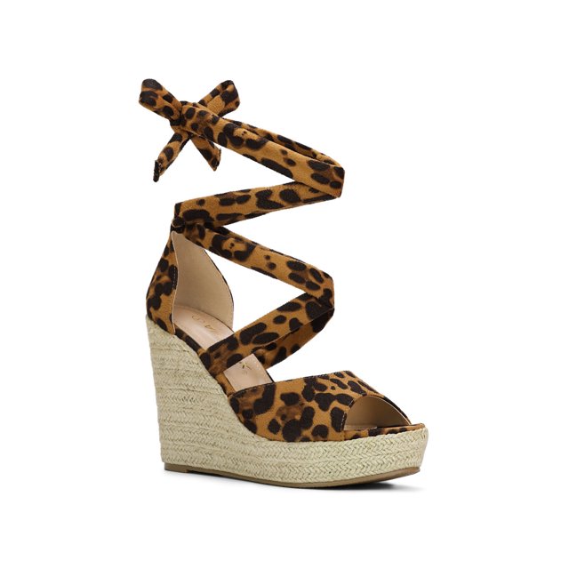 BLISSFUL STEP Chaussures pour Femmes Espadrilles à Lacets Sandales Compensées à Plateforme Léopard 7