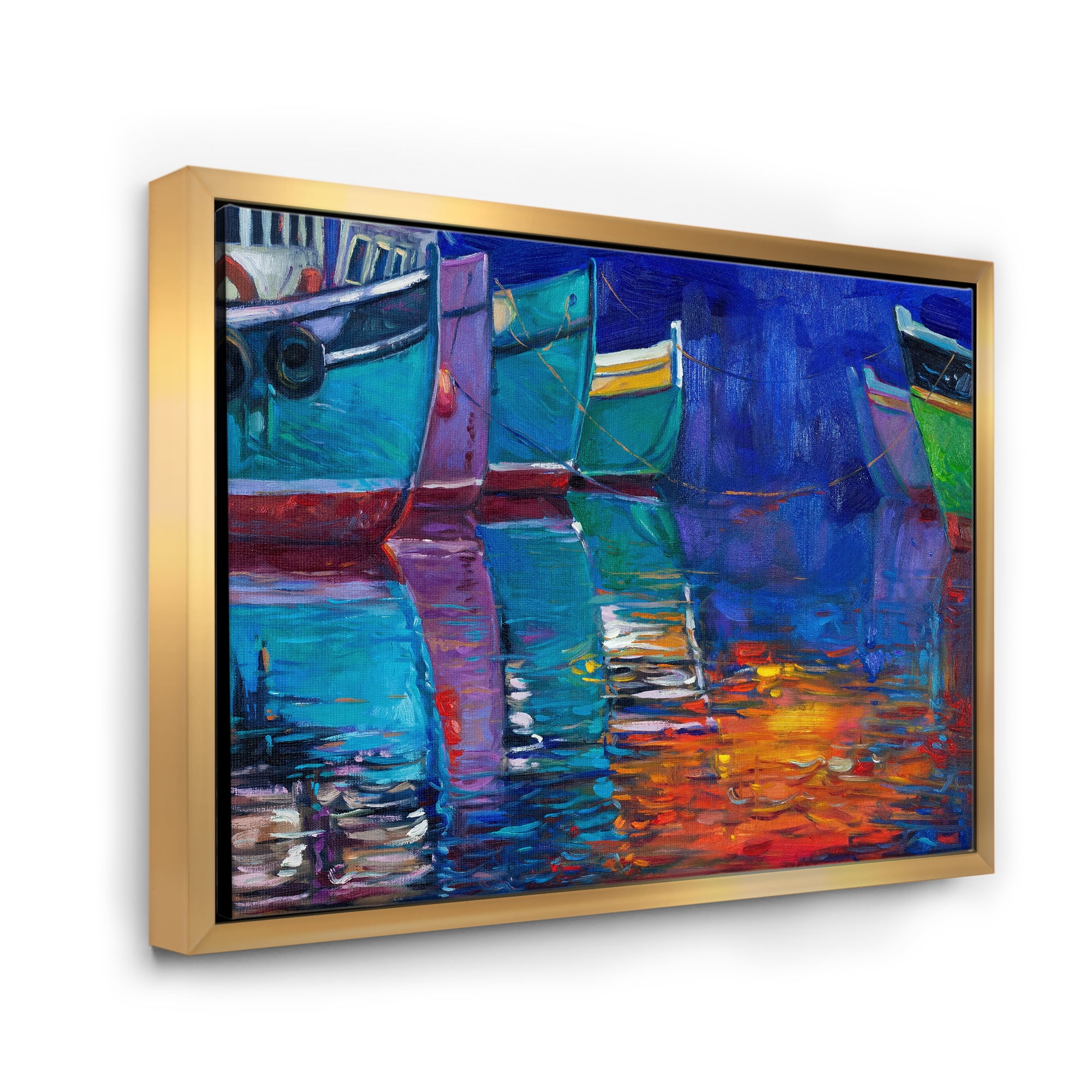 Designart 'Boats During Warm Sunset Resting On The Water I' Nautical & Coastal Framed Canvas Wall Art Print