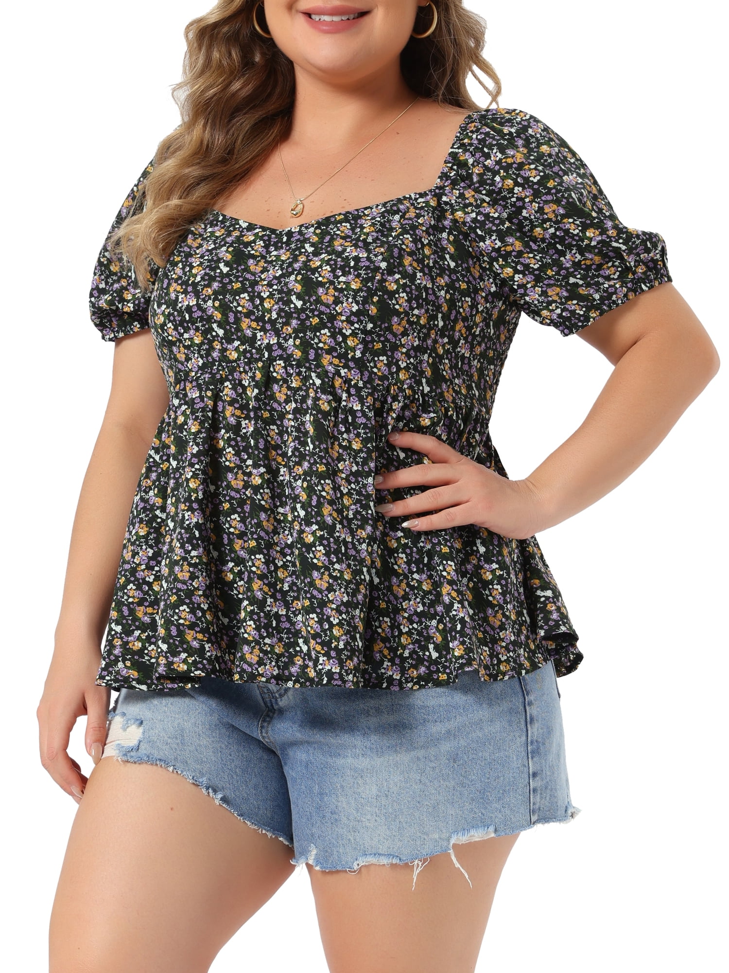 DARING DIVA Women's Plus Sweetheart Neck  Floral Blouse with Ruffle Hem 4X Black